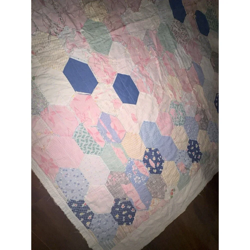 Vintage 20s Hexagon Patchwork Quilt Hand Quilted Twin Pastel Scrappy Cutter AsIs